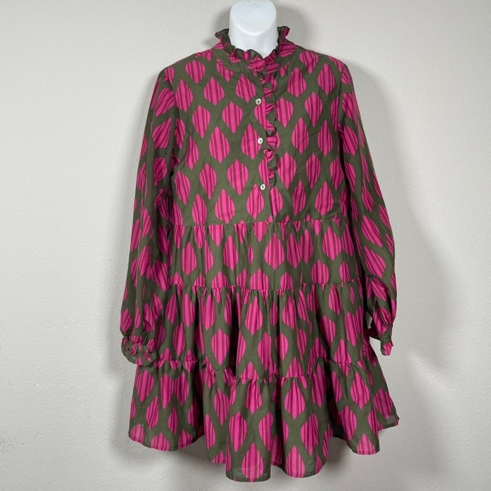 j.marie Tiered Mini Dress Womens Small Pink Green Ruffle Long Sleeve Geometric